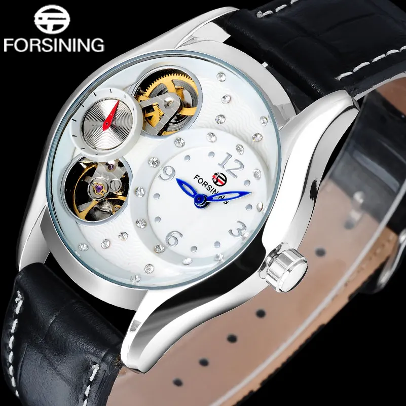 FORSINING china brand woman watches fashion Quartz skeleton Wristwatches white case blue point unisex watch leather strap