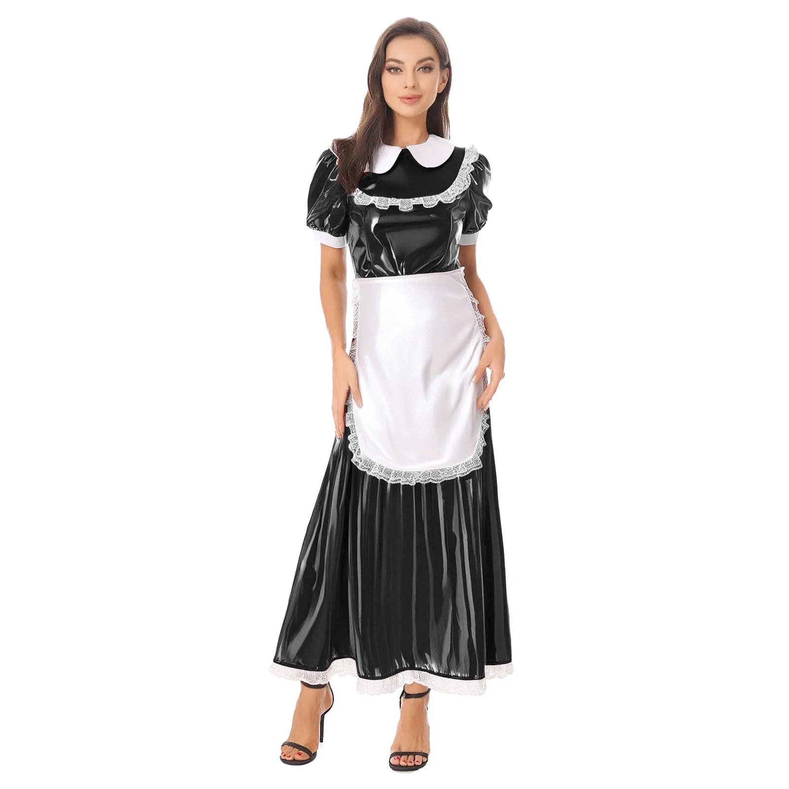 

Halloween Women's Sweet Maid Cosplay Maxi Dress with Apron Carnival Theme Party Maid Servant Role Play Shiny Dress Uniforms