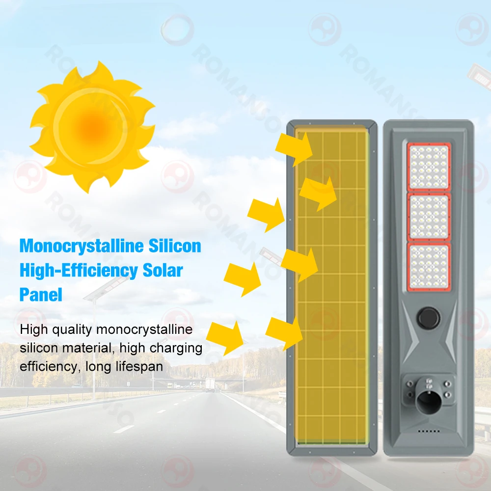 เซ็นเซอร์แผงโซลาร์เซลล์ประสิทธิภาพสูง 100W 200W 300W กําลังไฟ 160lm / W ไฟถนนพลังงานแสงอาทิตย์ LED