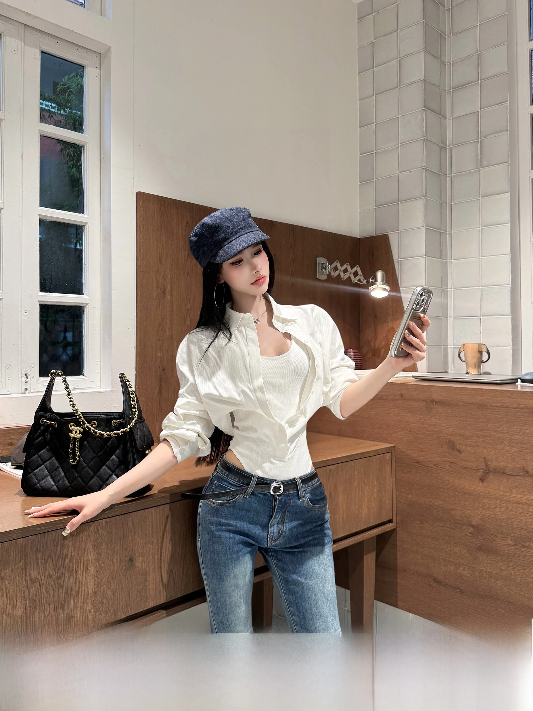 

Женская блузка с длинным рукавом и воротником, с эффектом утяжки талии, для ранней осени, повседневная, комфортная, свободного кроя