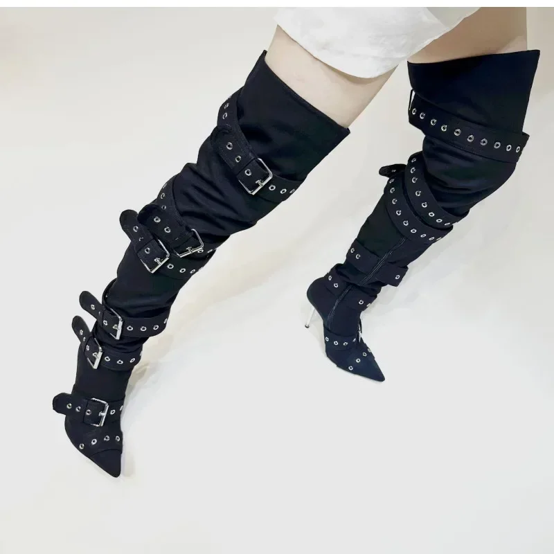 European and American New Pointed Buckle with Rivet Thin High Heel Over Knee Boots Sexy Women\'s 43 Large Boots