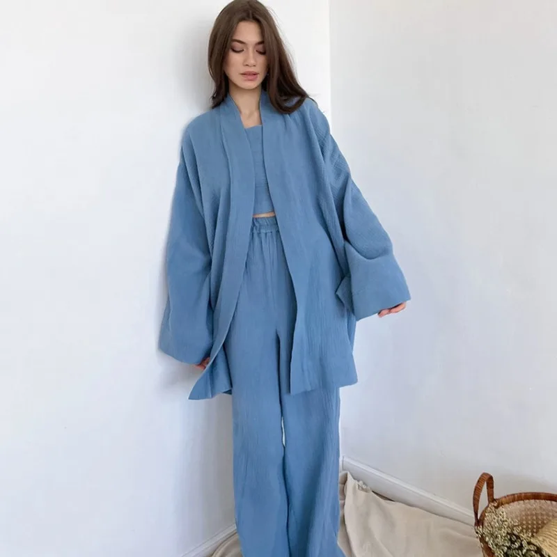 

European , American Long-sleeved Loose Trousers Crepe Yarn Women's Solid Color Nightgown Home Absorbent Sweat Steaming Clothes