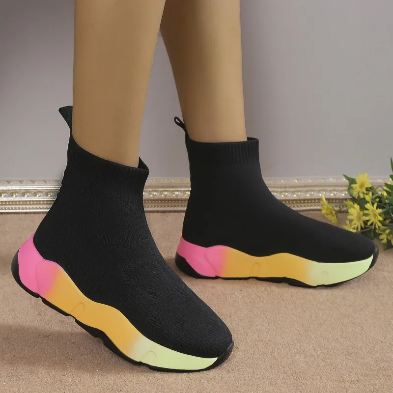 Women Platform Sneakers Black Lightweight Socks Boot Fashion Knitted Breathable Sports Shoe High Top Elastic Fabric Casual Shoes