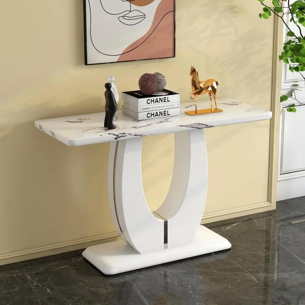 

47 inch Entryway Table with Faux Marble Tabletop, Modern Console/Accent Table with Geometric Legs, Narrow Wood Sofa Table for En