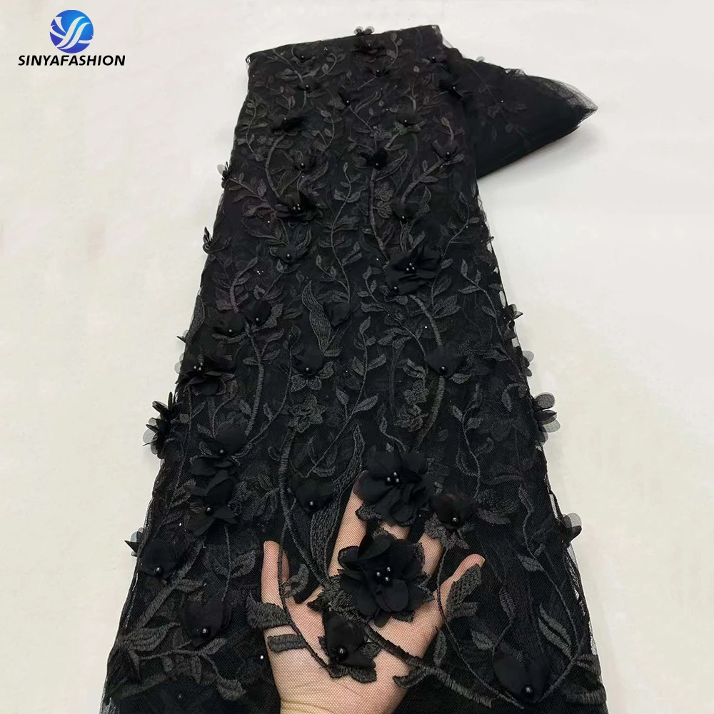 

Sinya Black African 3D Flower Applique Lace Fabric 5 Yards High Quality Embroidery Beads French Nigerian Lace Fabric For Wedding