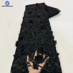 Sinya Black African 3D Flower Applique Lace Fabric 5 Yards High Quality Embroidery Beads French Nigerian Lace Fabric For Wedding