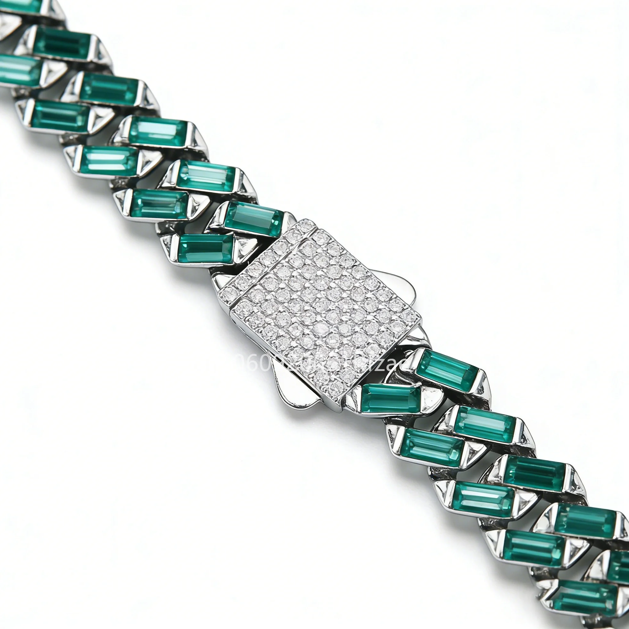 Hip Hip T-shape Green Zircon Rhinestones Miami Cuban Link Chain Choker Necklace 13mm Iced Out Gold Silver Color Jewelry 14inch