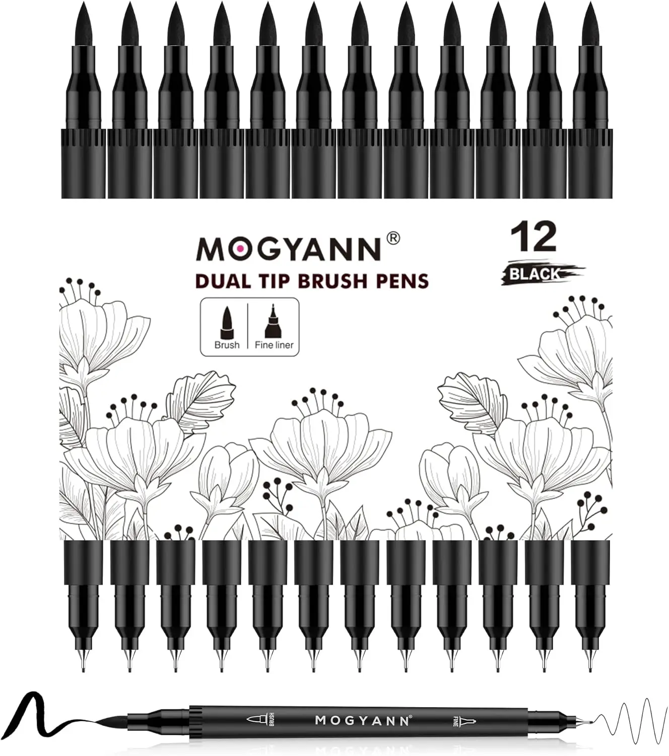 

12 Dual Brush Pens for Art Drawing Sketching, Black Markers Set