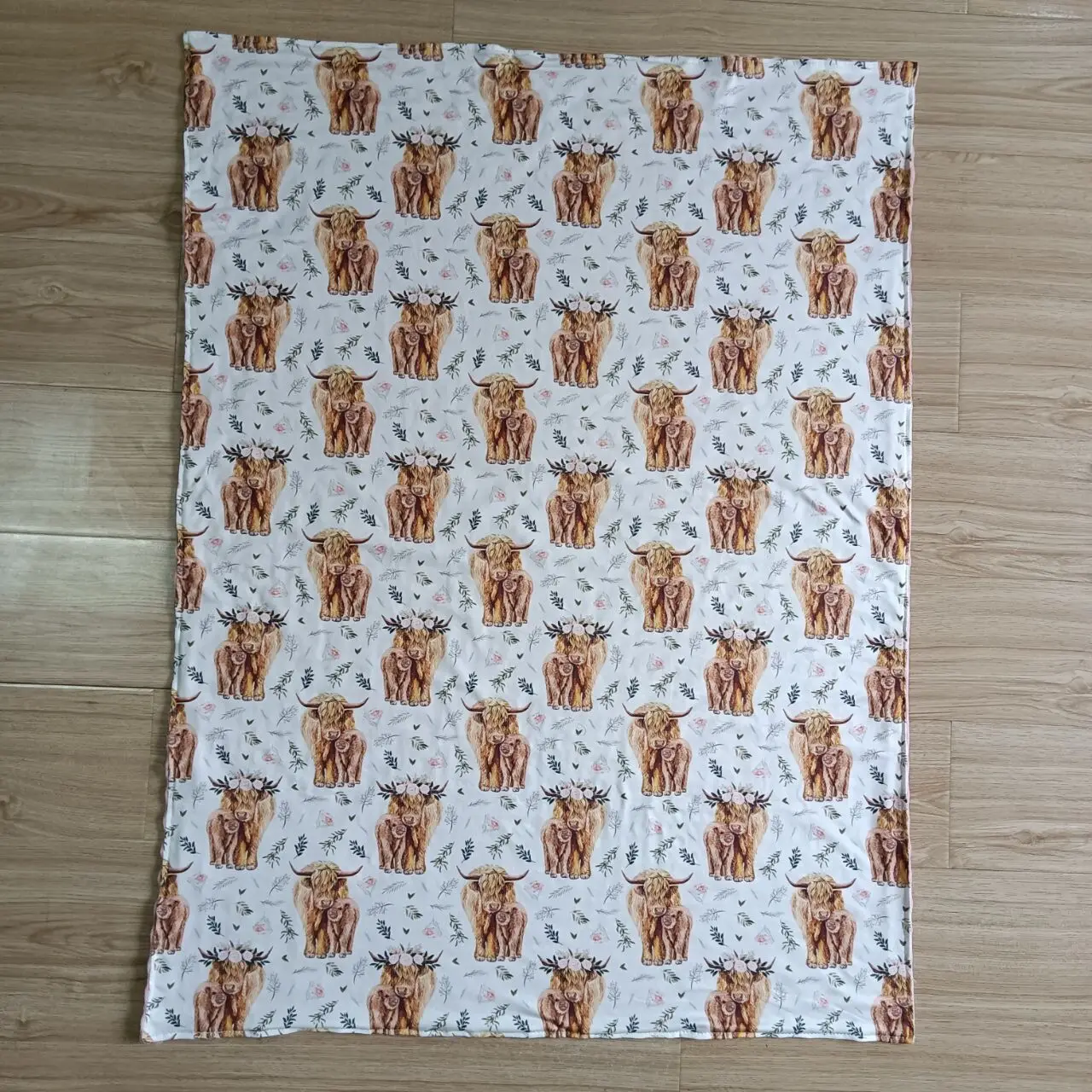 H​ot Sale Custom RTS Highland Cow Print Newborn Toddler Soft Blankets Baby Pink Swaddle Wraps