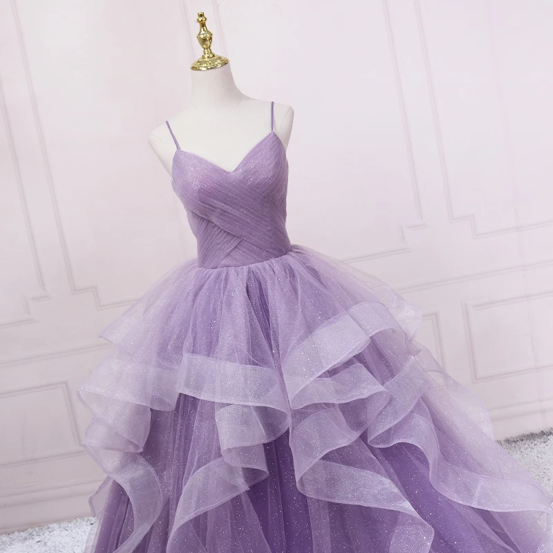 New Purple Sequined Evening Dresses Luxury Robe De Soiree V-neck Party Dress Elegant Spaghetti Strap Prom Dress Plus Size