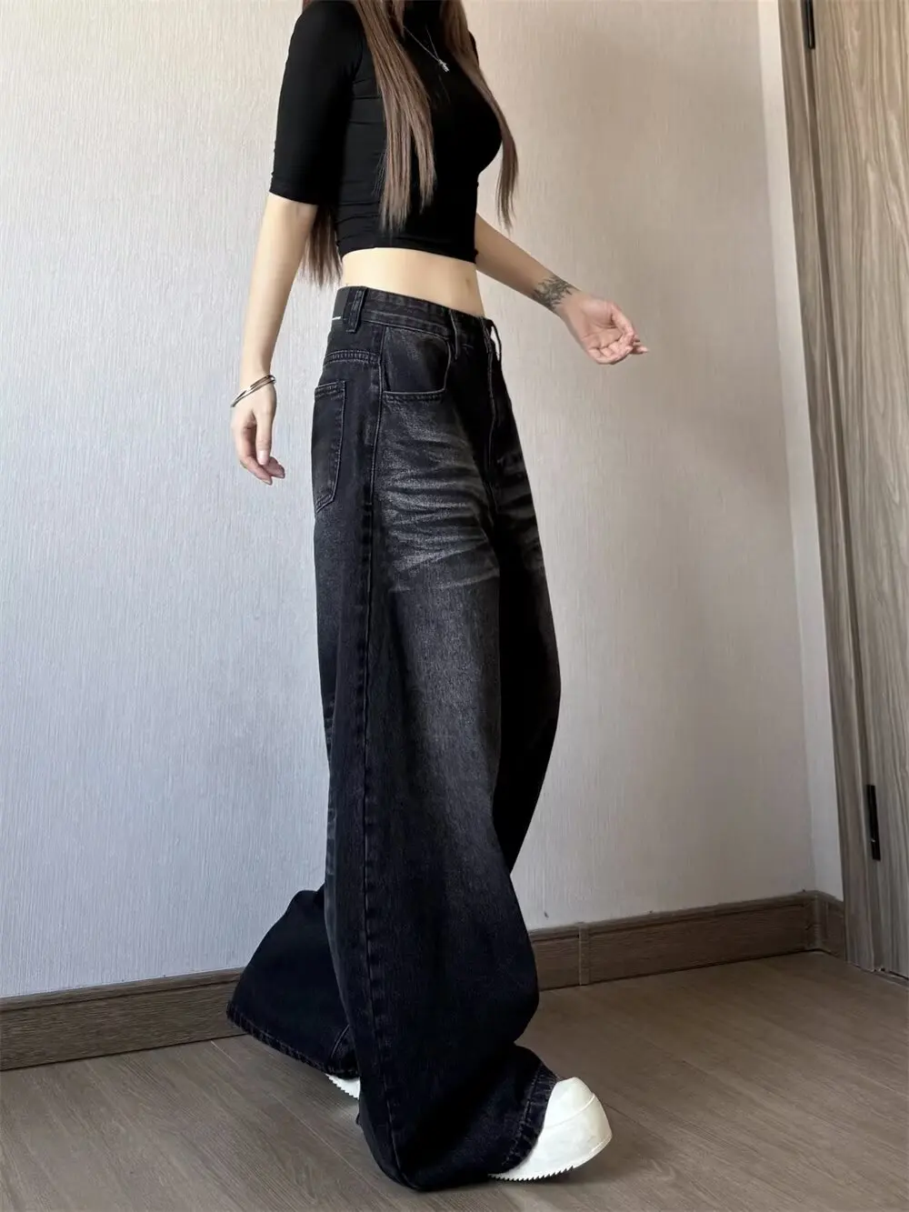 Koreańskie jeansy vintage z wysokim stanem, damskie, wyszczuplające, o kroju łezki, luźne, proste, z rozszerzanymi nogawkami, czarne, szare, szerokie spodnie dżinsowe, nowe.