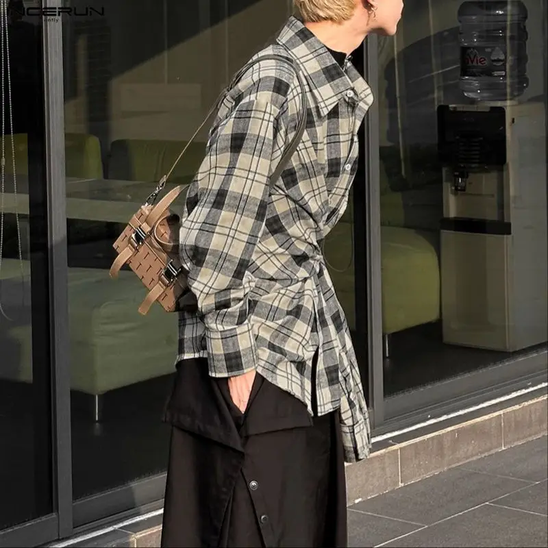 INCERUN Mannen Onregelmatige Shirts Plaid Revers Lange Mouw Lace Up Mannen Kleding Streetwear 2025, Koreaanse Stijl Losse Casual Mannelijke Shirts