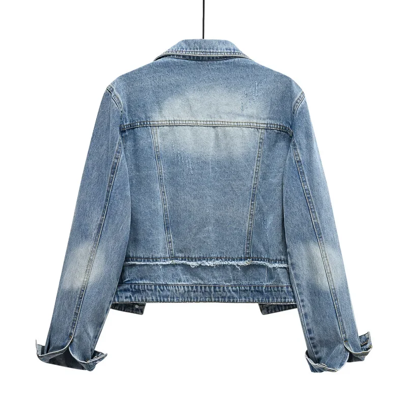 

Spring Autumn New Retro Hong Kong-style Short Denim Jacket, Women's Fashionable and Versatile Washed Denim Long-sleeved Jackets