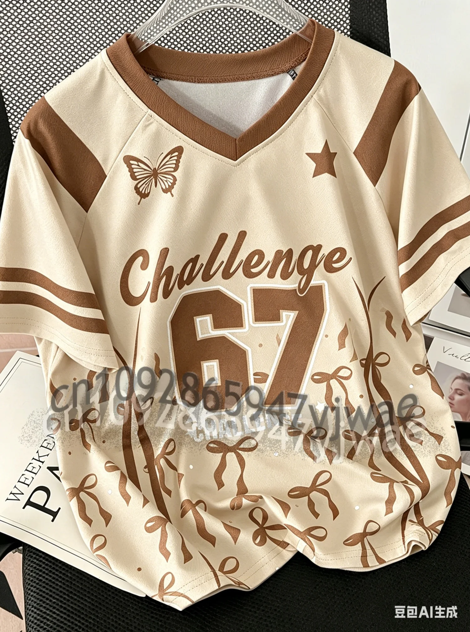 2026 Damen Mädchen Challenge 67 Sport-Team-Uniform Kurzarm T-Shirt Grafik-Tee Baseball-Trikots Gestreiftes Übergrößen-T-Shirt – Detail 6