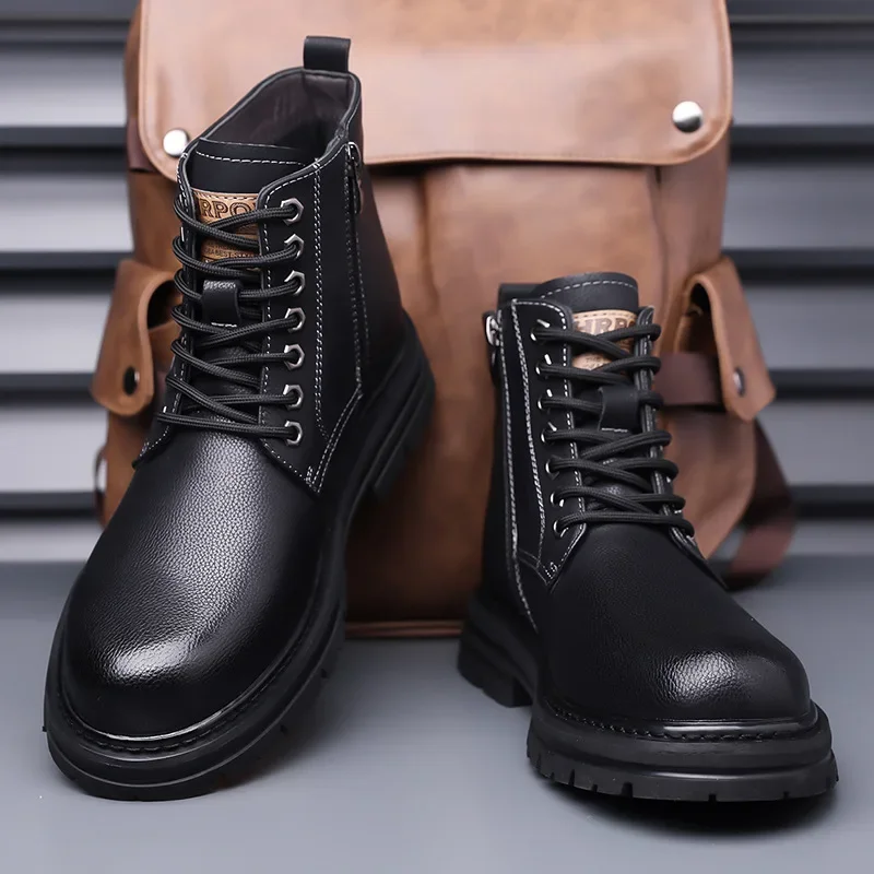 Autumn Winter Cow Leather Men's Ankle Boots Designer Increase Men Platform Cotton Shoes Fashion Soft-soled Work Boots Male