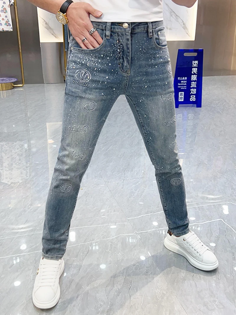 

Heavy Du Rhinestone Denim Jeans Men's Trendy Brand Letter Print Thin Elastic Slim Fit Bootcut Pants Youth ular Spring Jeans