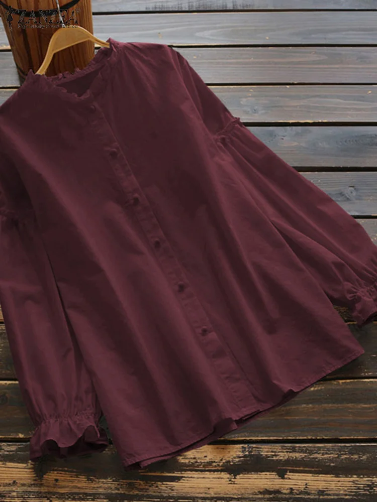 ZANZEA-camisa con volantes para mujer, blusa informal Vintage de manga larga, Tops de algodón, blusa lisa con botones, 2023