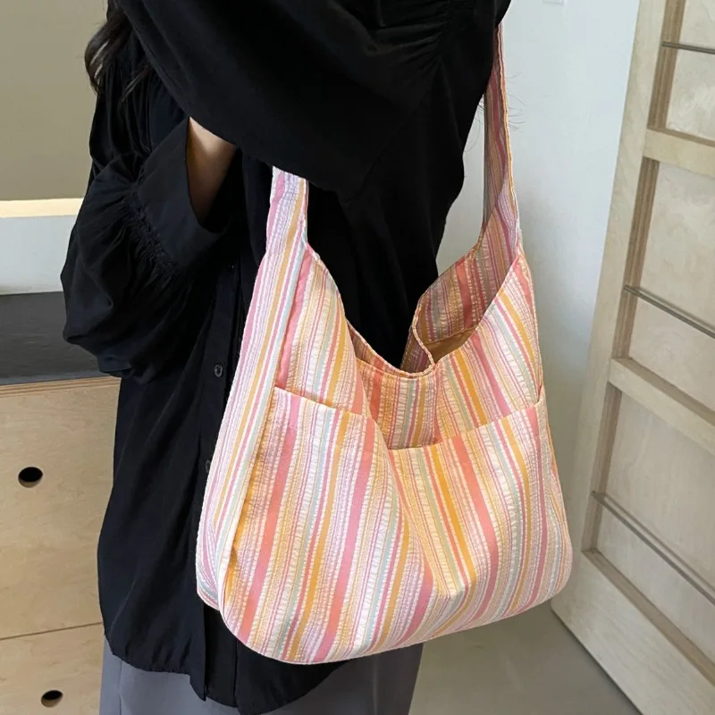 

Полосатая холщовая сумка Ins Dopamine, сумка-жилетка, вместительная сумка на плечо, летняя милая студенческая сумка для занятий, сумка-тоут