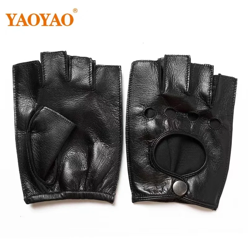 Brand New Men\'s Leather Gloves Male Fingerless Breathable Fitness Goatskin Guantes Red Motorcycle Riding Outdoor Unlined Mittens