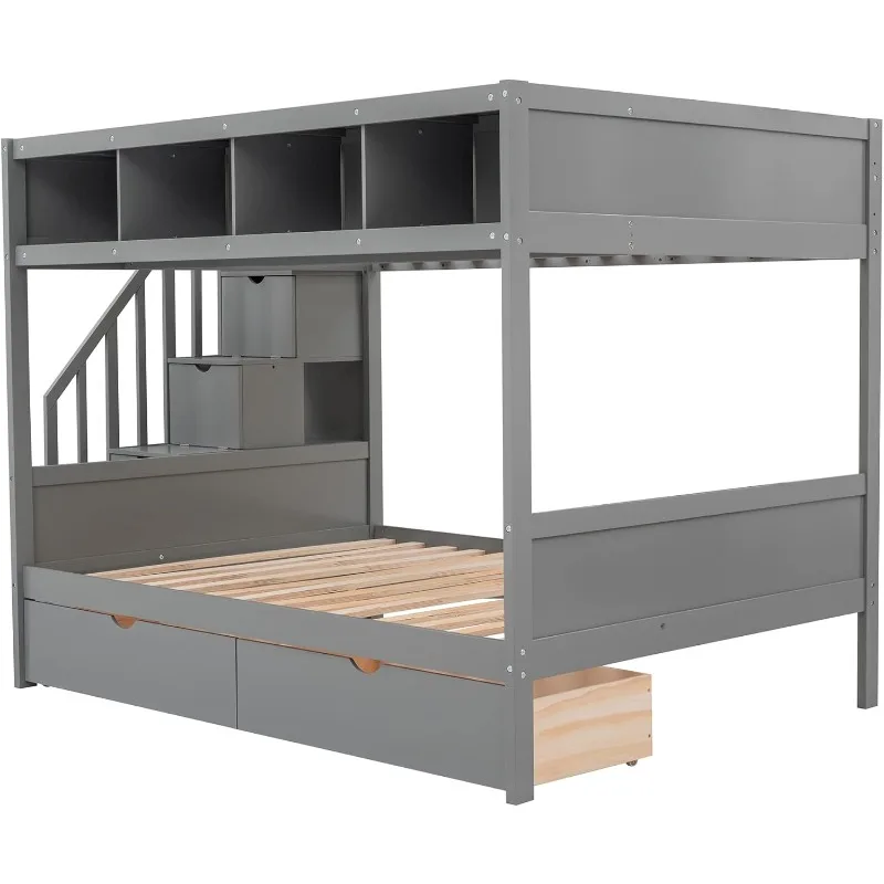 سرير مزدوج بطابقين كامل مع سلالم، إطار من الخشب الصلب مع درجين ورفوف، رمادي
