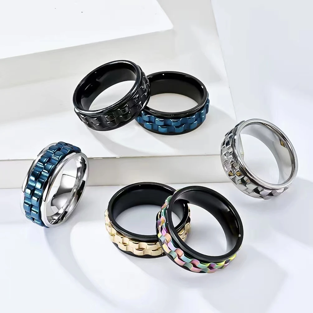 Wholesale cool yellow blue patterned rings for men and women, stainless steel rings with lettering and lettering