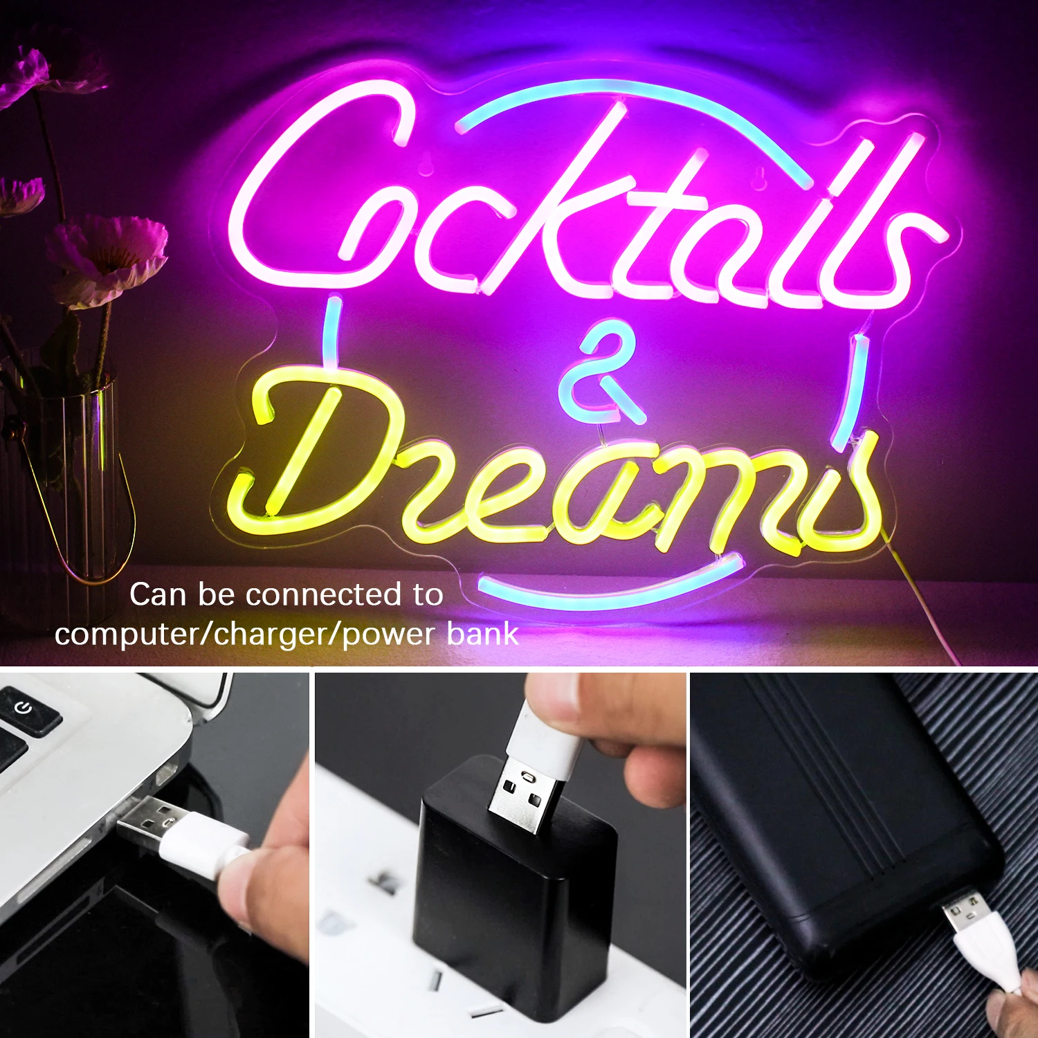 Imagem -04 - Cocktails Neon Led Sinal para Wall Decor Sinais Alimentado por Usb Festa Cerveja Clube Homem Caverna Restaurante Loja