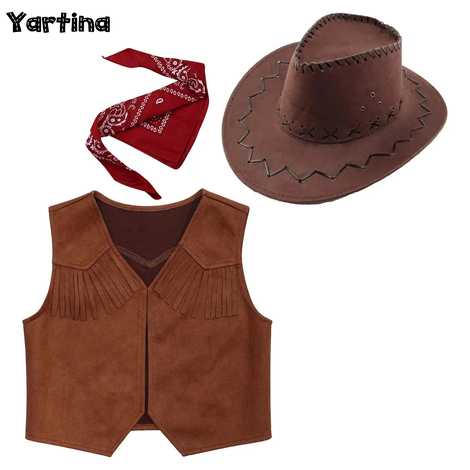 

Kids Boys Western Wild West Cowboy Hippie Cosplay Costume Hem Fringe Decor Open Front Vest with Bandanna And Felt Drawstring Hat