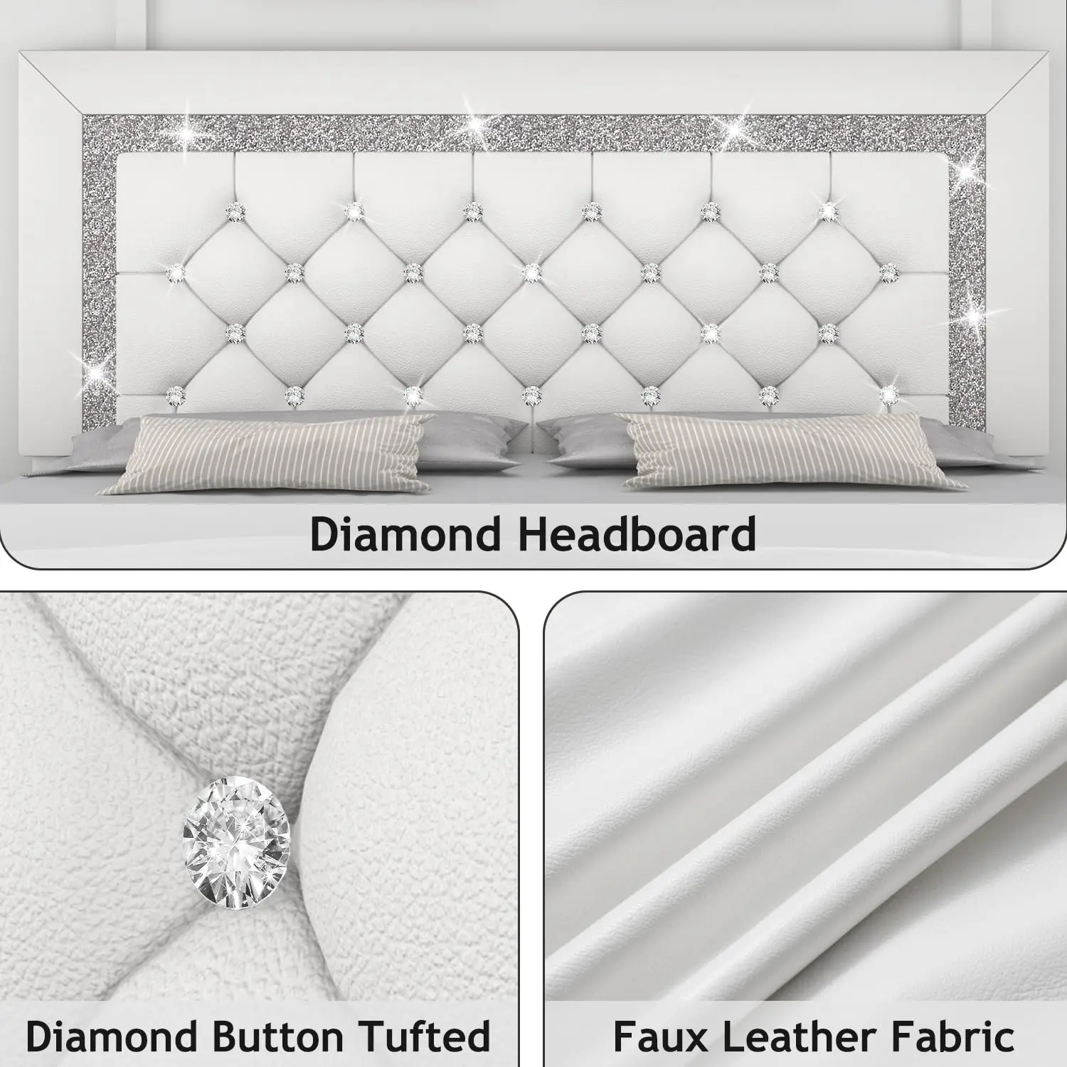 King Bed Frame, Faux Leather Platform Bed with Upholstered Diamond Headboard, Mattress Foundation with Strong, Customized view 5