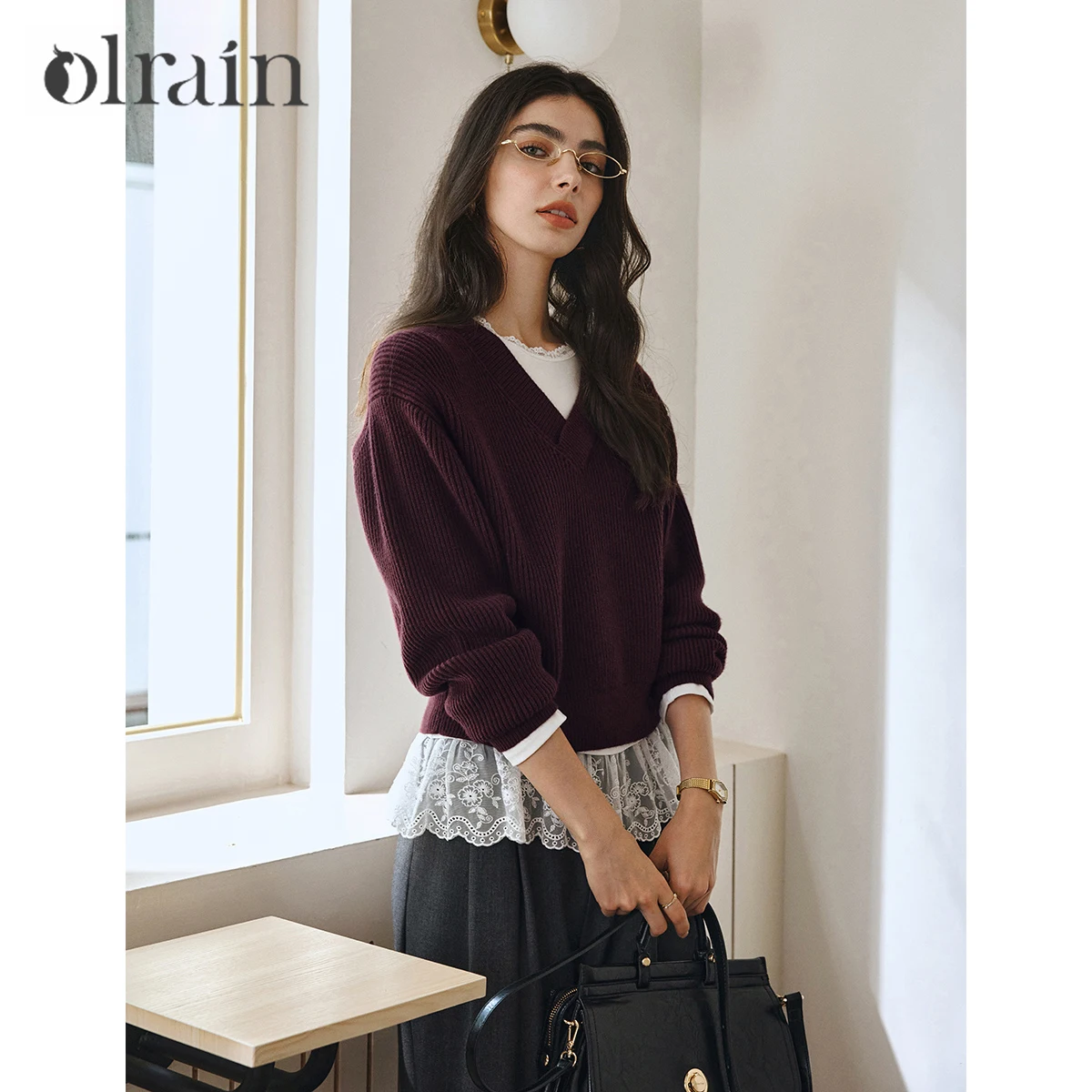 OLrain Women 2026 Autumn Knit Sweater Ladies V Neck Minimalist Versatile Long Sleeve Pullover Daily Commute Tops O57QM000893