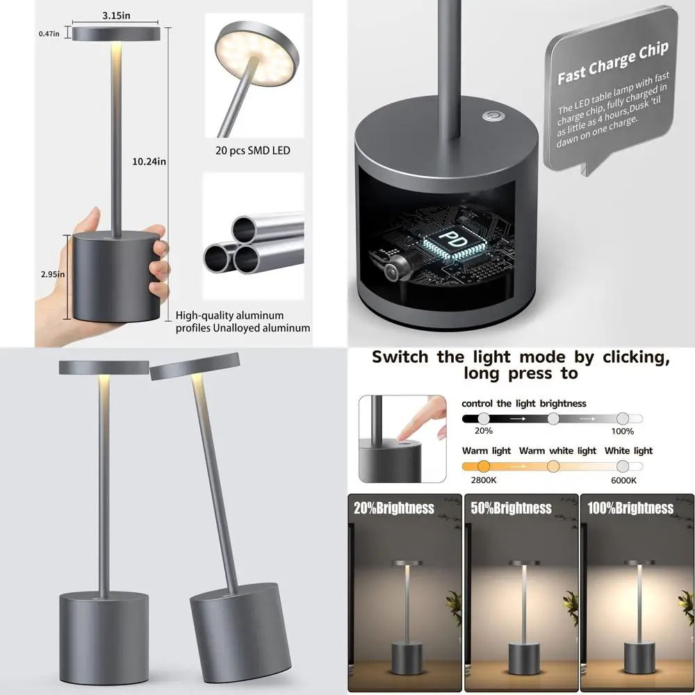 

Комплект из 2 перезаряжаемых светодиодных настольных ламп, аккумулятор емкостью 5000 мАч, 3-уровневая яркость, портативная металлическая лампа для внутреннего и наружного использования (10–25 дюймов G