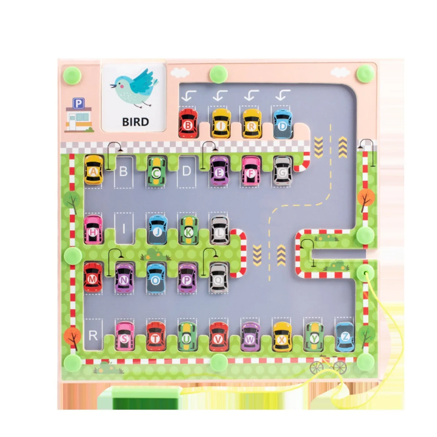 Magnetyczny labirynt samochodowy z alfabetem, zabawki Montessori, nauka liter ABC, zabawki edukacyjne dla najmłodszych, nauka słów w przedszkolu, zabawki rozwijające motorykę małą dla dzieci.