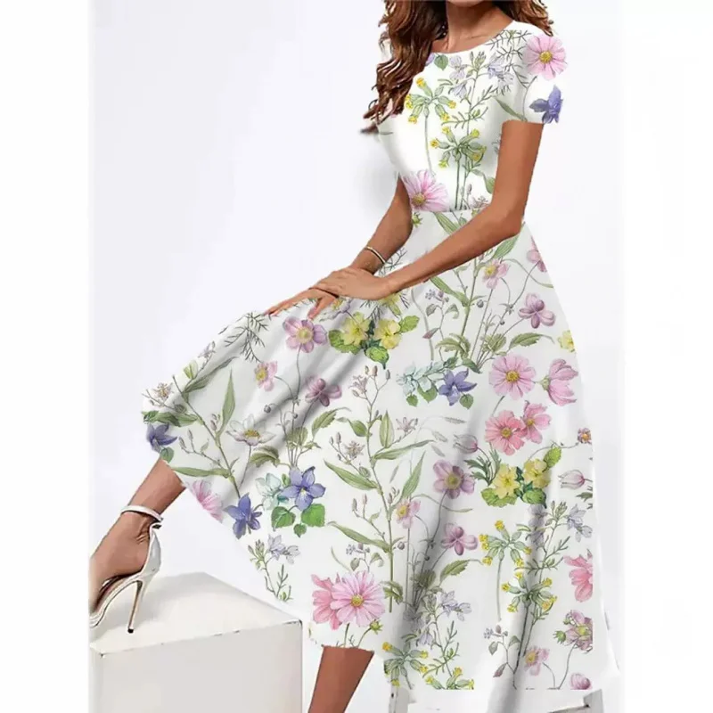 

Short Sleeve Floral Print Elegant Crew Neck Dress for Spring & Summer, Women's Clothing WD1017