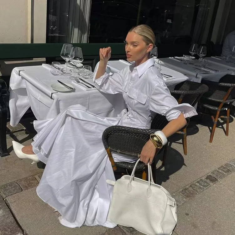 Ele High Waist Long Sve irt Dr Faionable Classic Collar A-Line Skirt Cotton Casual Wear for Dates And Everyday