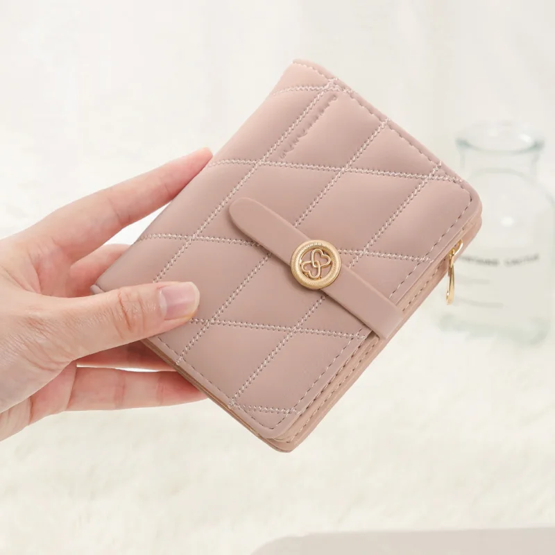 

Short Simple Wallet Women Student Fresh Style Pu Leather Lady Zipper Hasp Purse Thread Holder High Capacity Clutch