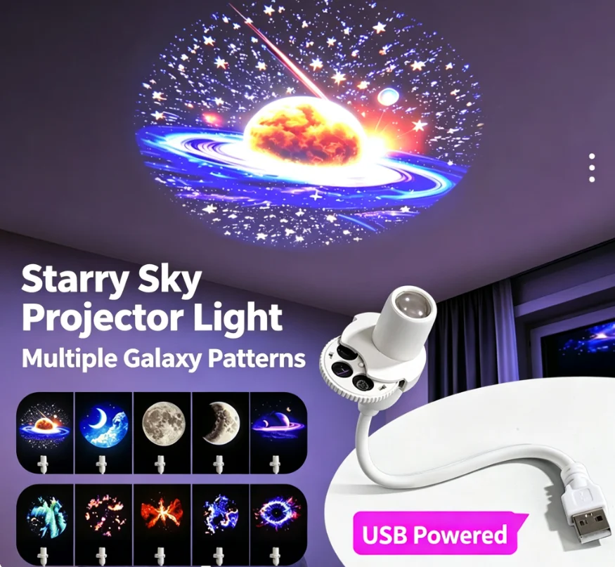 Mini Starry Sky Projector Light 360° Adjustable LED Night Light 15 Patterns for Bedroom Romantic Birthday Party Atmosphere Lamp