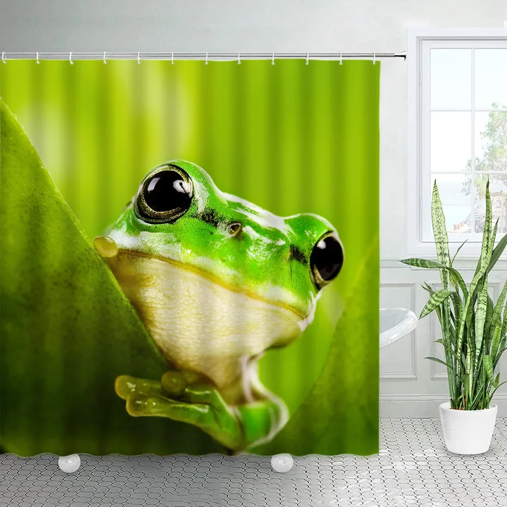 Funny Cartoon Frog Shower Curtains Green Lotus Leaves Animal Kids Bath Curtain Children Bathroom Accessories Decor Sets White