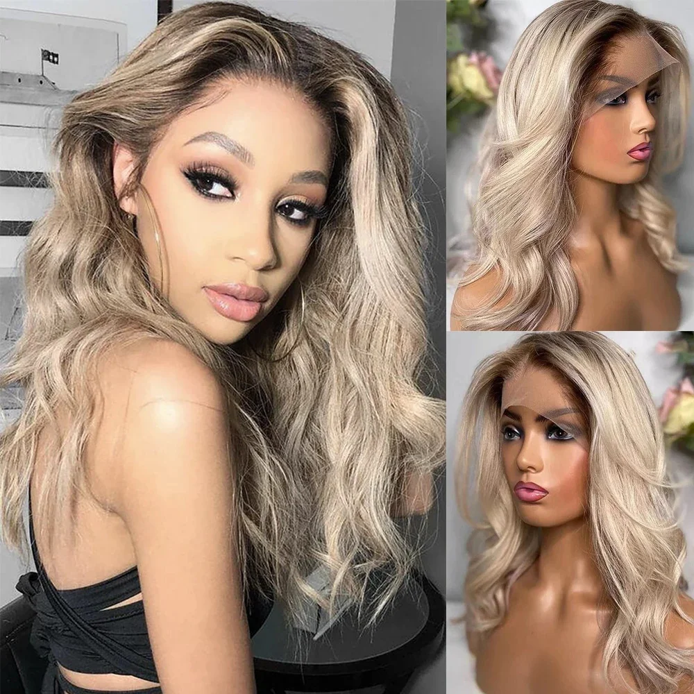 

Ash Blonde Transparent HD Lace Front Wigs with Highlights Brown Hair Natural Wave Full Lace Wigs Human Hair Pre plucked Frontal