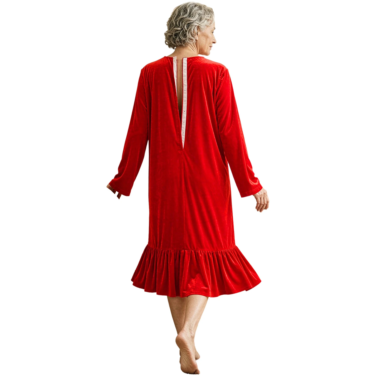 Women Adaptive Velvet Dress Long Sleeve Press Button Open Back Ruffled Pockets Nightgown for Elderly Nursing Home Recovery Casua