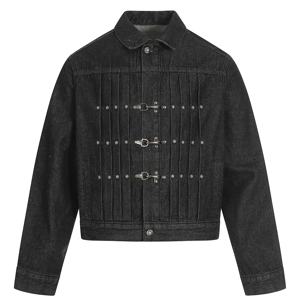 Men Vintage Denim Jacket Plane Buckle Turquoise Button Coat Casual American Retro Streetwear Black Crop Top Outerwear