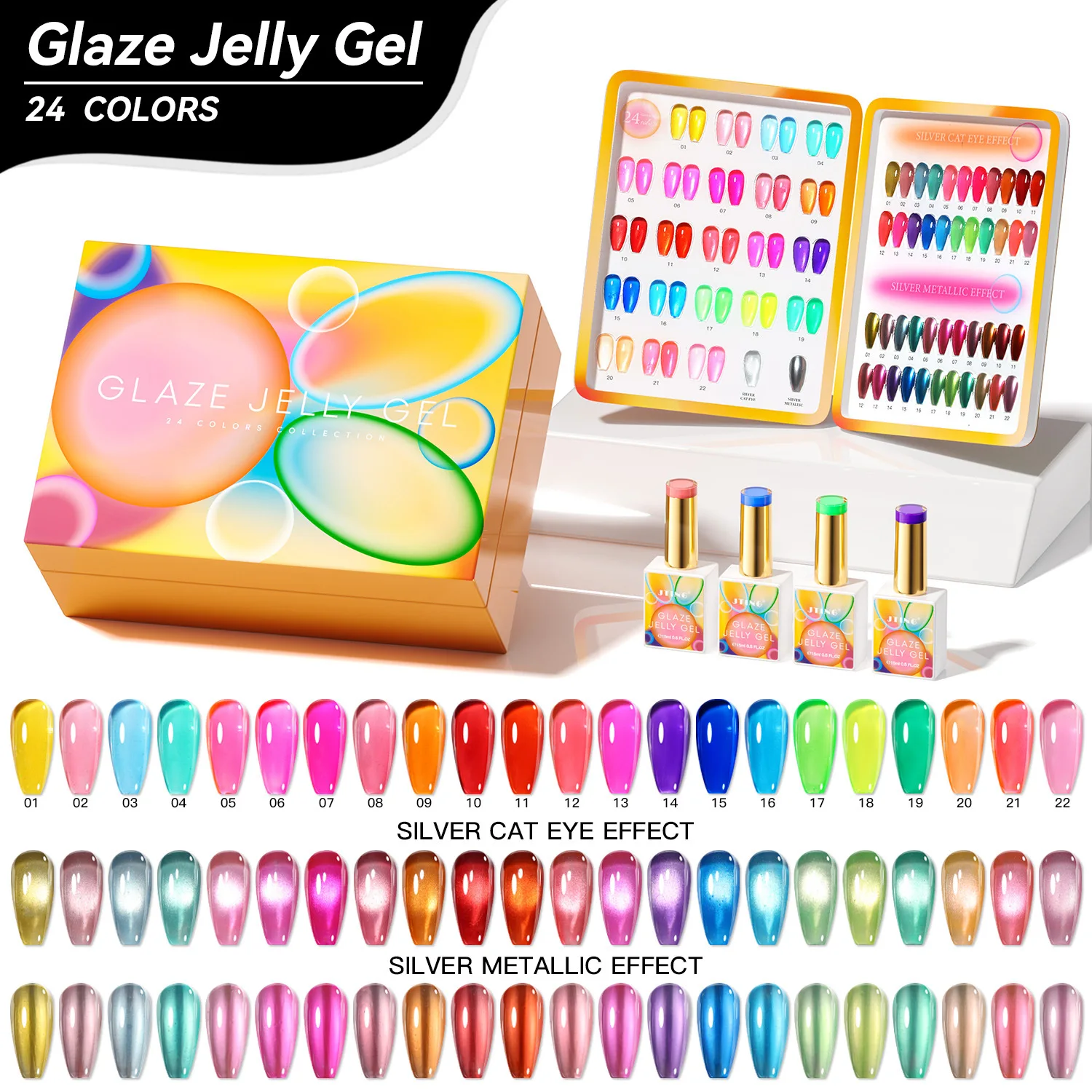 Eleanos Hotsale New 24 Color Neon Ice Translucent Armor Polish Gel Set With Color BoOK Jelly Color Gel With Cat Eye Metal Effect