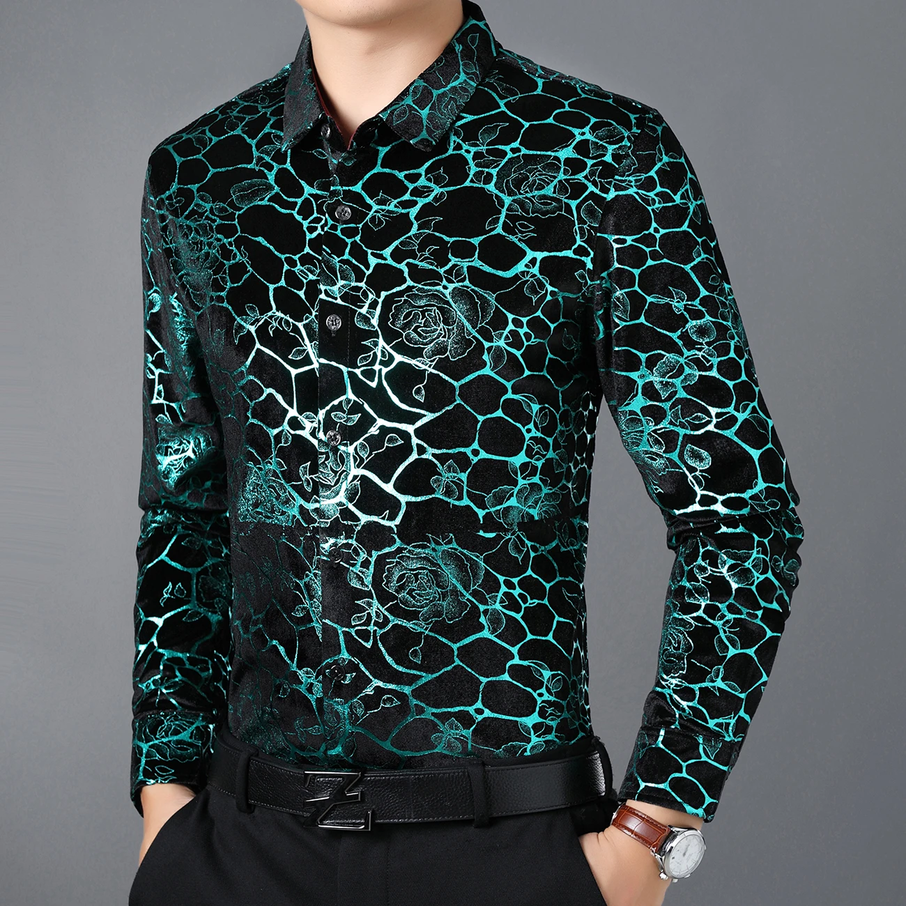 เสื้อ Sablon Bunga สีบรอนซ์สำหรับผู้ชายแขนยาวสบายๆนิ่มหรูหรา Camisas de Hombre ฤดูใบไม้ร่วงคุณภาพสูง