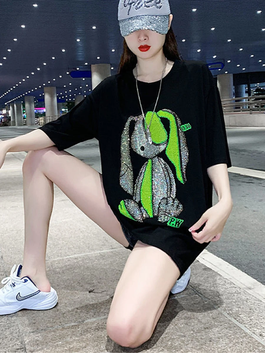 Cool Black Tshirt Streetwear Summer Diamonds Rabbit T Shirt Women Harajuku Short Sleeves Tops Tee Funny Hip Hop Oversized Tshirt