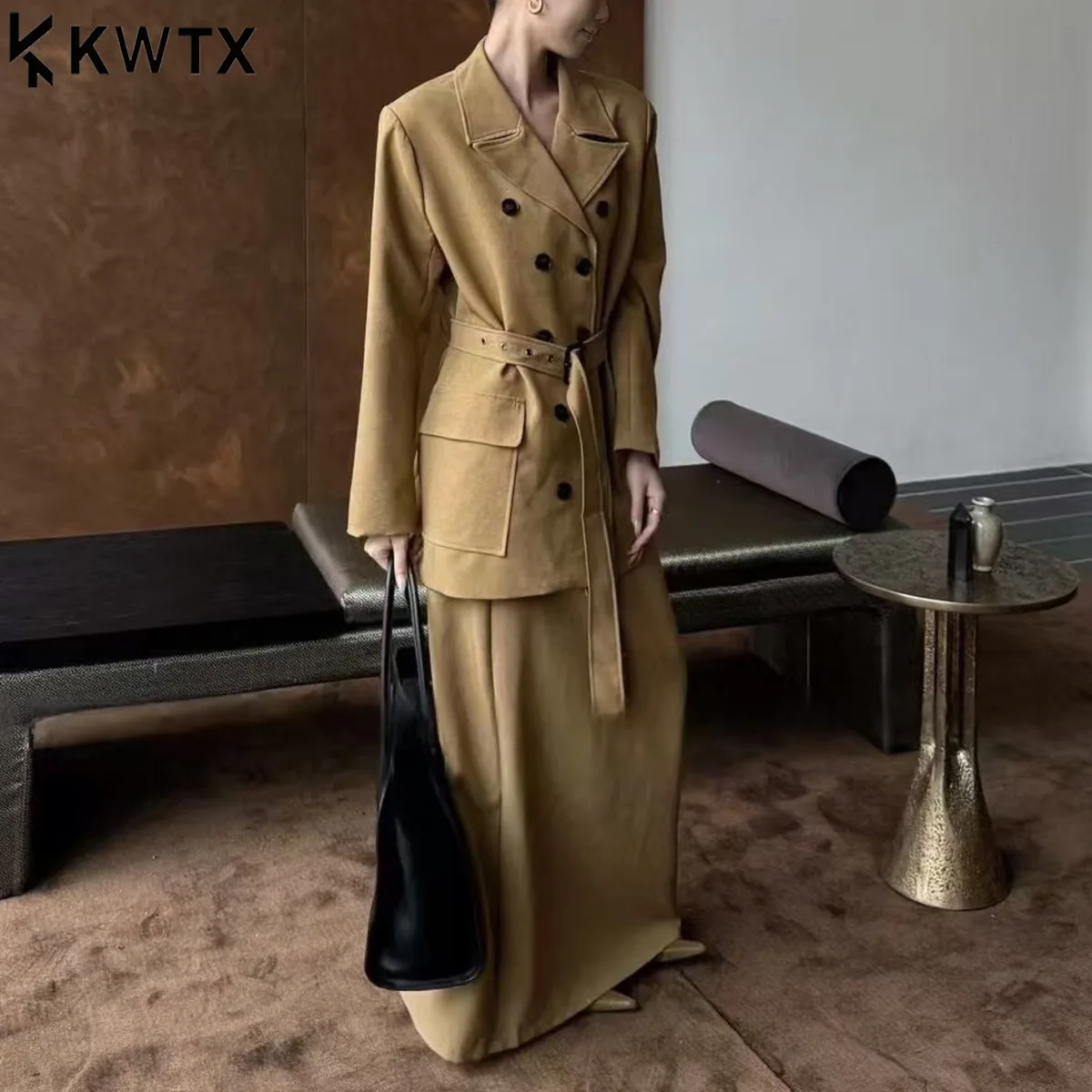 

KWTX Дизайнерский пиджак оверсайз и широкие брюки Костюм с поясом - Элегантное повседневное свободное текстурированное пальто с двумя пуговицами для женщин