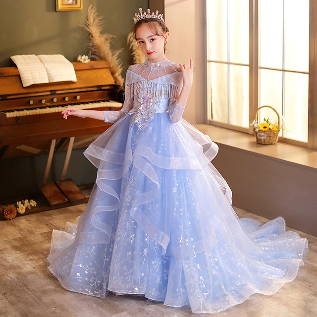 Child Teen Girl Evening Dresses Long Luxury Blue Tulle Birthday Party Formal Kids Bridesmaid Wedding Sequin Pageant Vestidos AliExpress