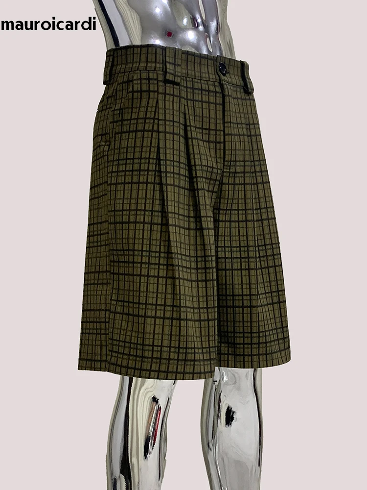 Mauroicardi Spring Summer Casual Colorful Plaid Gingham Straight Shorts for Men High Waist Calf-Length Pants Emo Clothes 2025