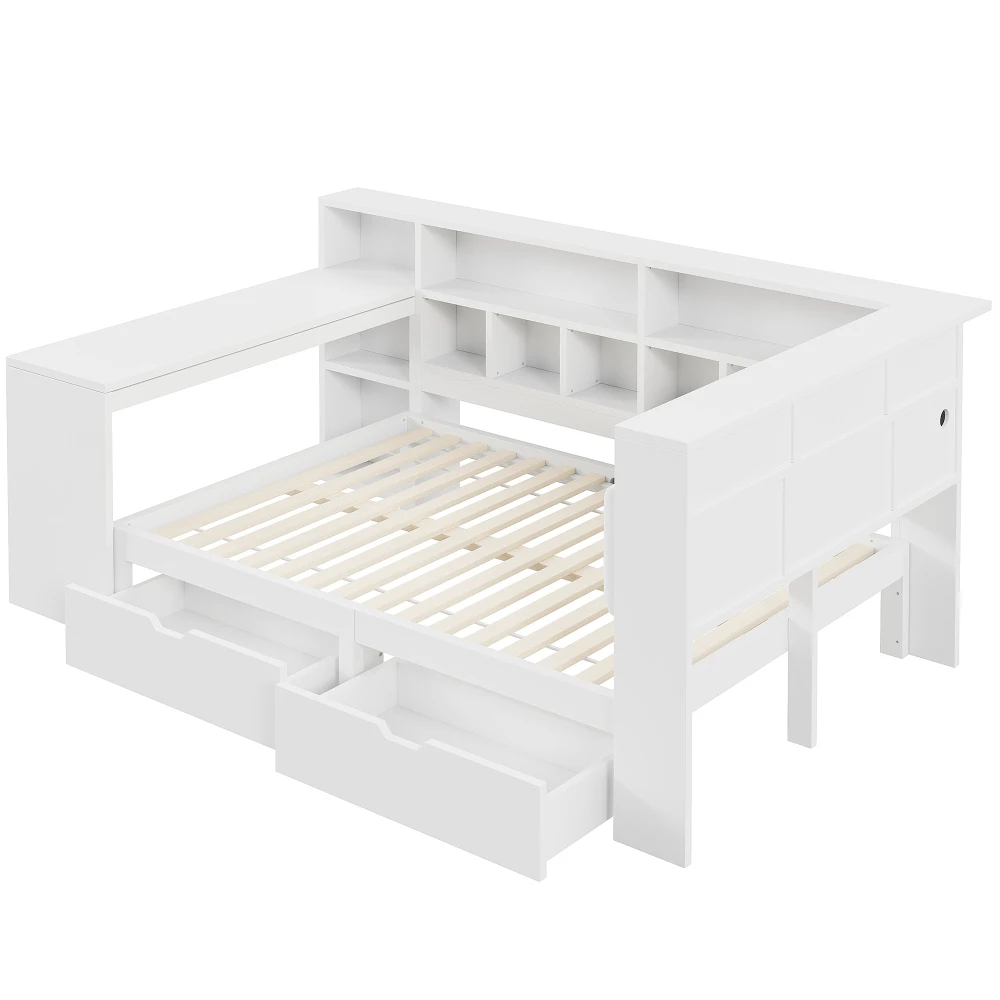 90x200 L-förmiges Plattformbett aus Holz mit Schreibtisch und Bücherregal, Eckkapitänsbett mit gepolstertem Kopfteil, Schubladen, LED-Licht – Detail 28