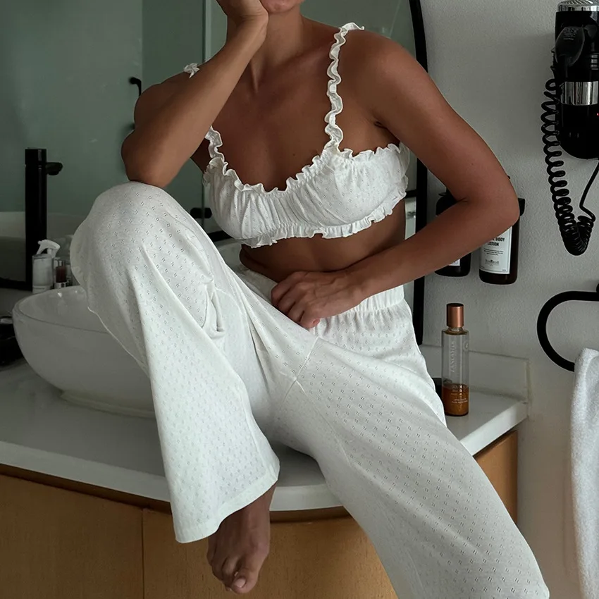 2025 Pyjamas d'été été blanc tricoté Jacquard Pyjamas 2 pièces Pyjamas femmes respirant doux vêtements de maison dames ensemble de vêtements de maison