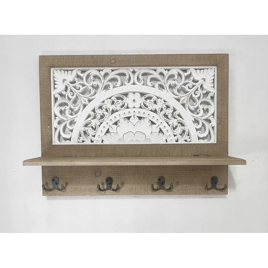 

-Vintage Rustic Flower Carved Wall Mounted Wood Rack with Resin Hooks Multifunctional for Hanging Clothes or Coats