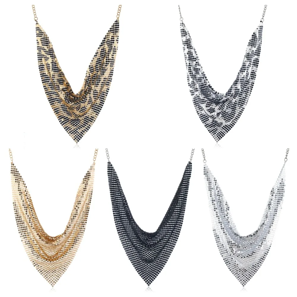 خمر المعادن الثلاثي وشاح سلسلة المختنق التألق ليوبارد طباعة قلادة الترتر الجمالية انفصال طوق تراكب #1