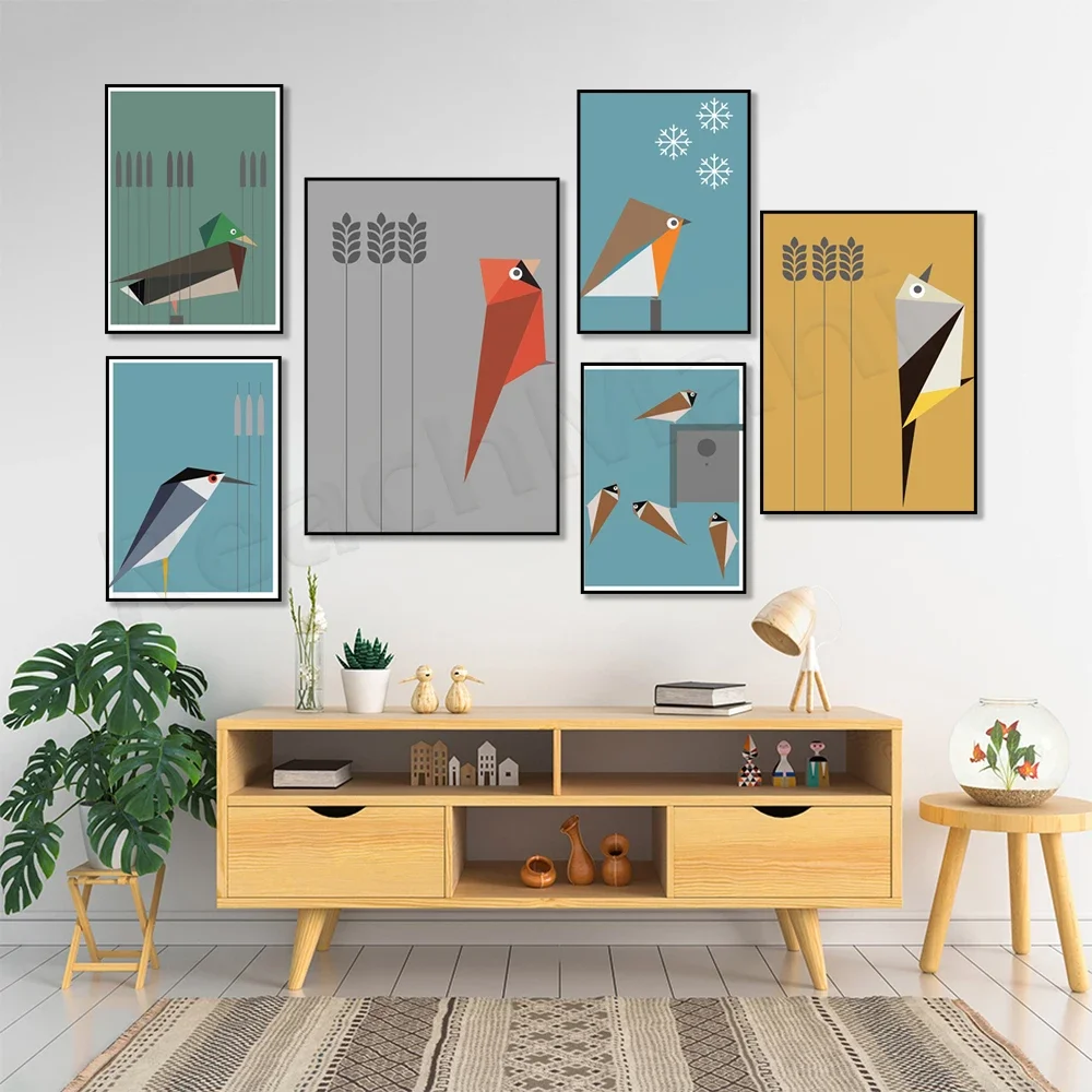 Medieval modern birds, sparrow bird, grey wagtail, grey heron bird, cardinal, mallard, sandpiper, wildlife nature poster